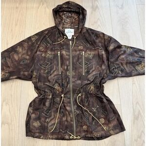 VTG Women's Coat Jacket Brown Print Sz L Zip Hood 80s 90s Cotton Draw String